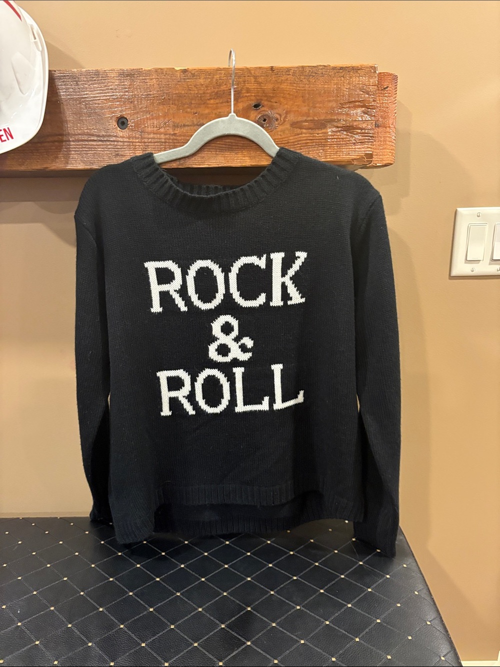 Panache Black Crewneck Sweater with White Rock & Roll Graphic